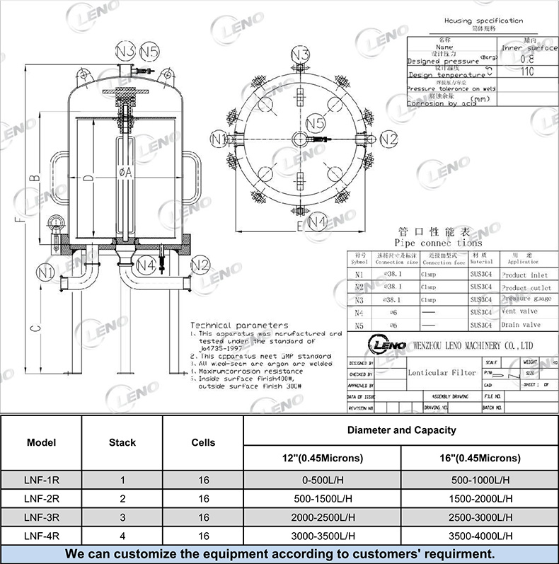 Stainless Steel Wine lenticular Filter Housing drawing