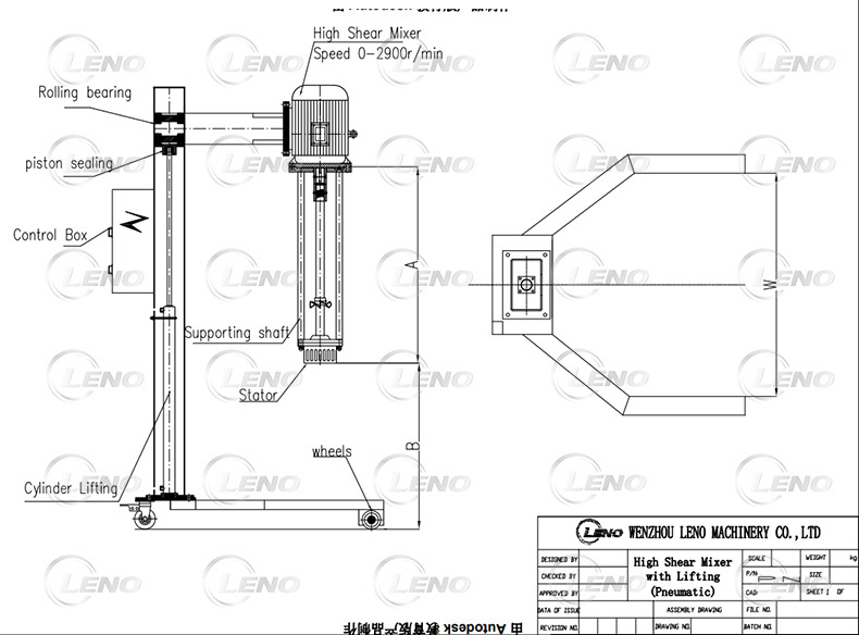 Pnumatic lifting high shear mixer